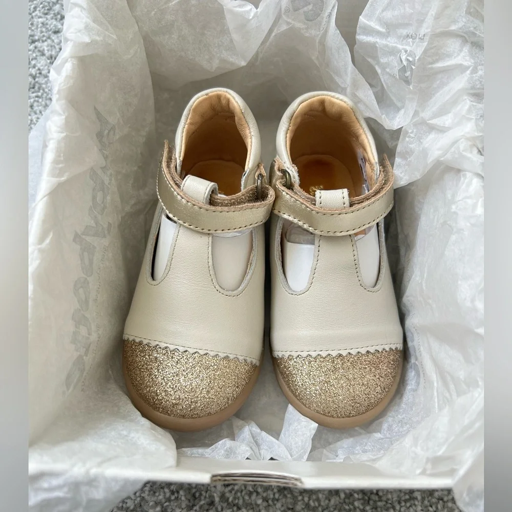Girls Cream Mary Jane Shoes with Gold Glitter Toe
